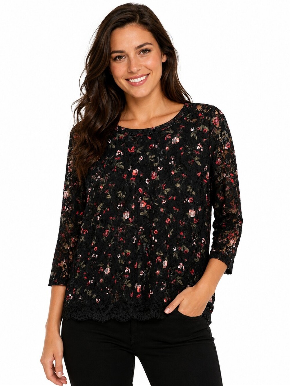 Reitmans Black Floral Lace Top Women's Medium | Sheer 3/4 Sleeve Romantic Blouse